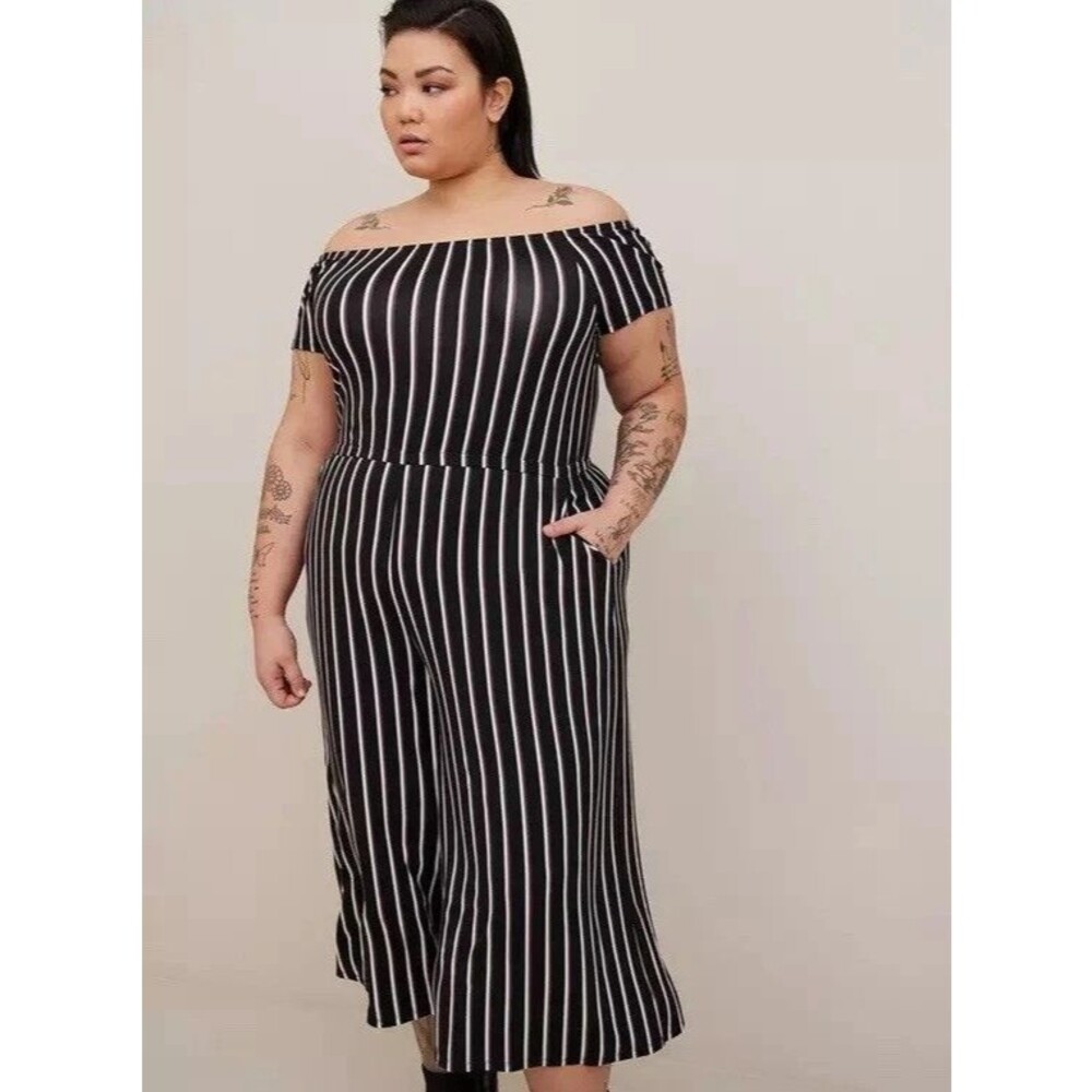 Torrid 2 Black Striped Off The Shoulder Super Soft Knit Culotte Jumpsuit